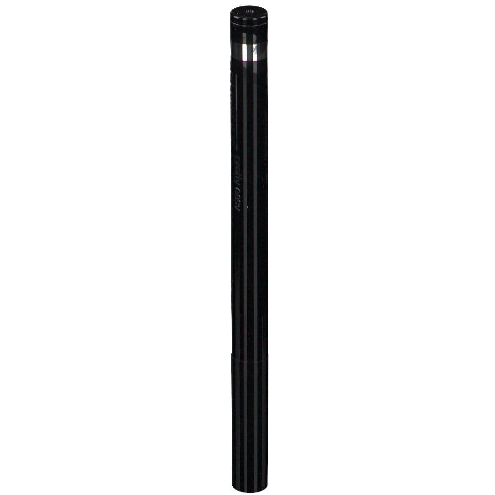 Stylo noir cylindrique avec bague argentée et capuchon noir. Texte sur le stylo.