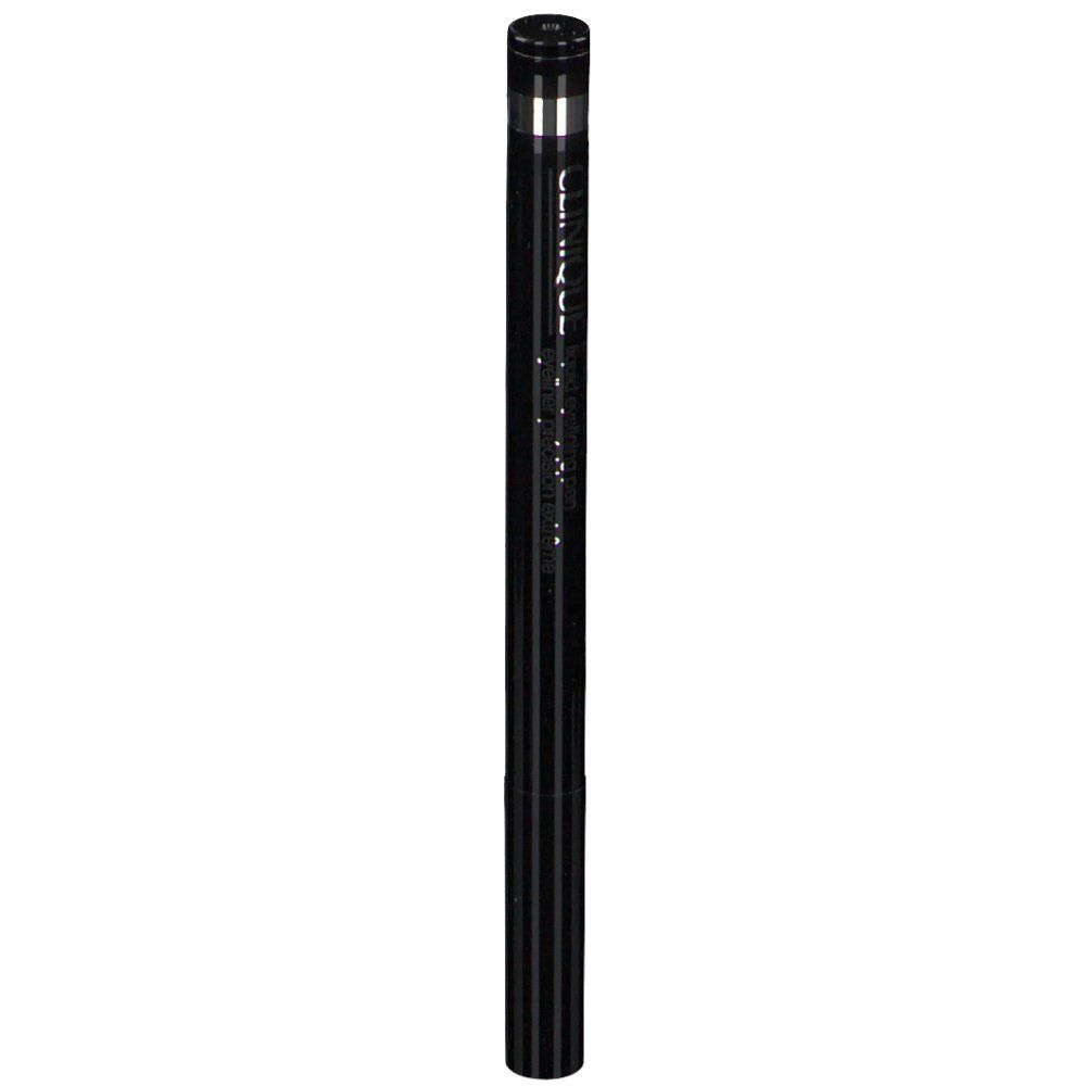 Stylo noir cylindrique avec bague argentée et capuchon noir. Texte sur le stylo.
