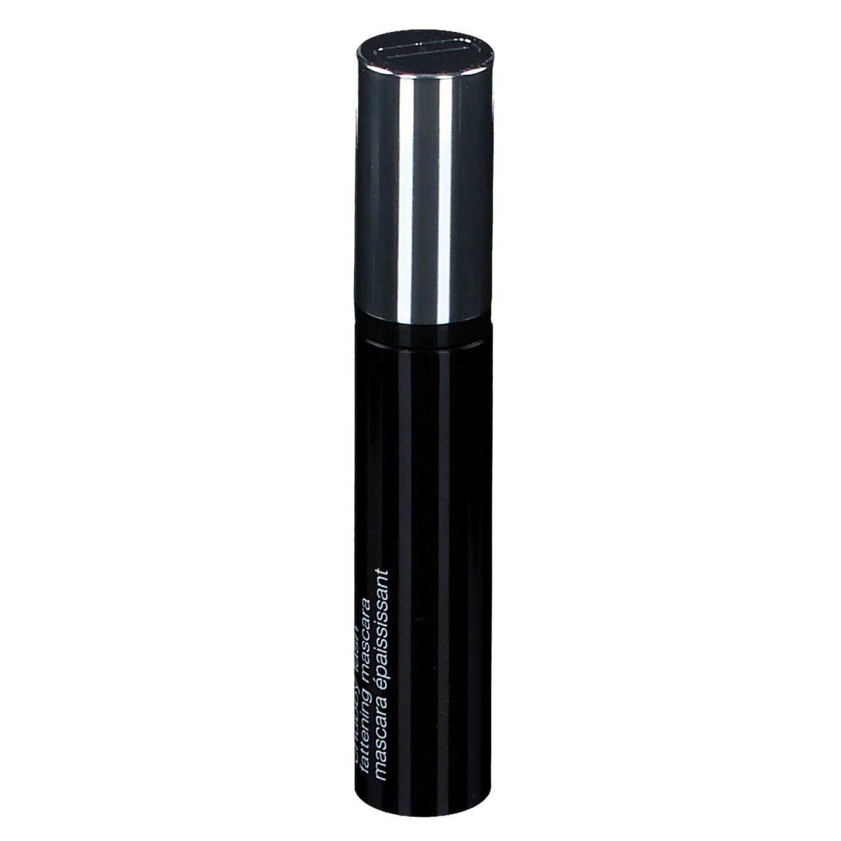 Schwarze Mascarahülse mit silberner Kappe. Aufschrift: fattening mascara mascara épaississant.