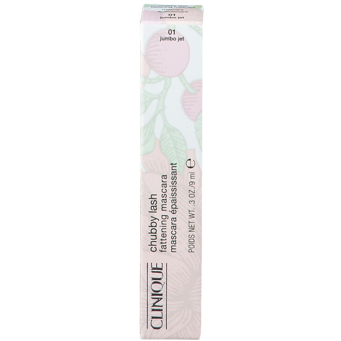 Verpackung für Mascara. Rosa, weiß, mit Text und Illustration. Aufschrift: CLINIQUE chubby lash fattening mascara.