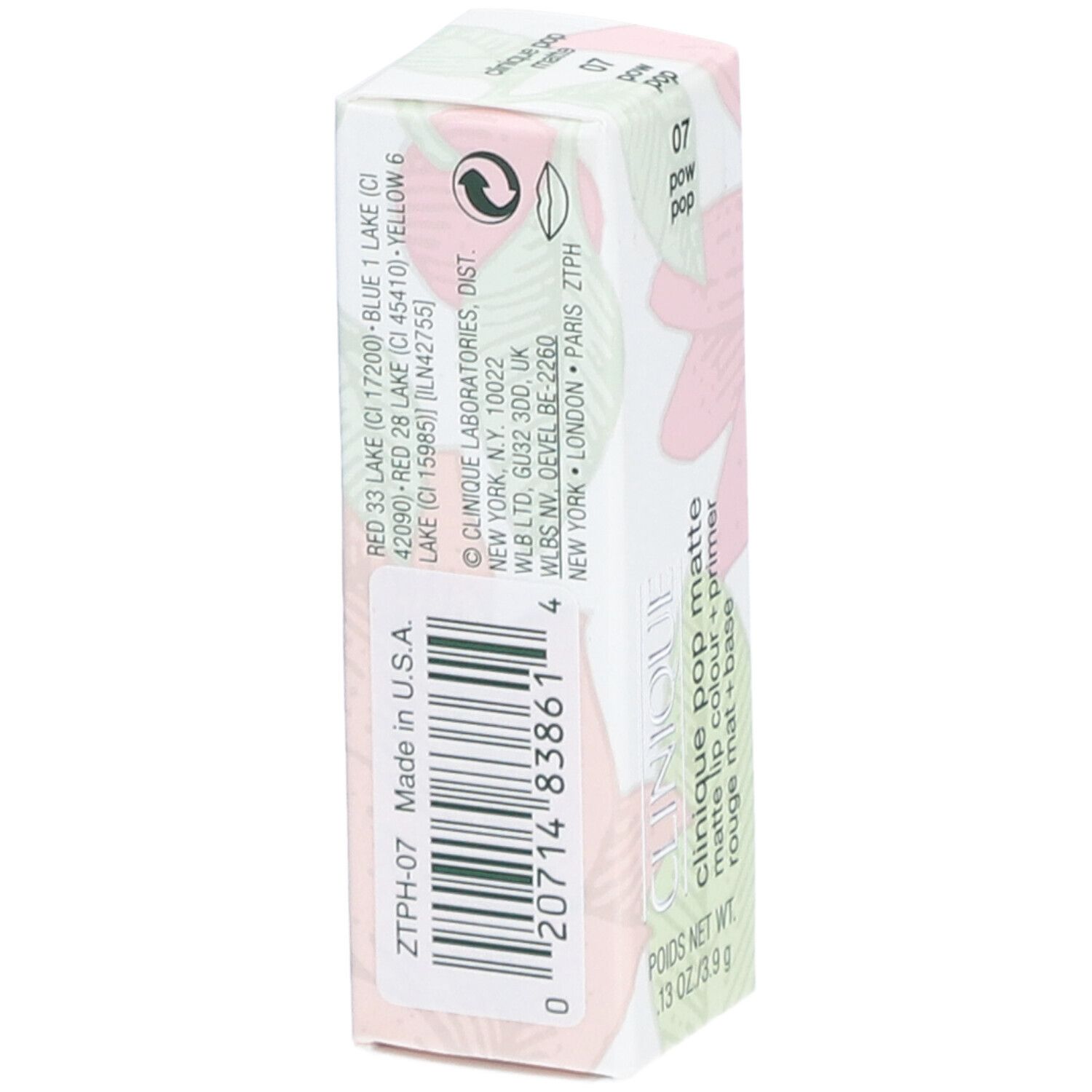 Rückseite der Verpackung von CLINIQUE Pop Matte Lip Colour. Barcode und Inhaltsstoffe sind sichtbar.