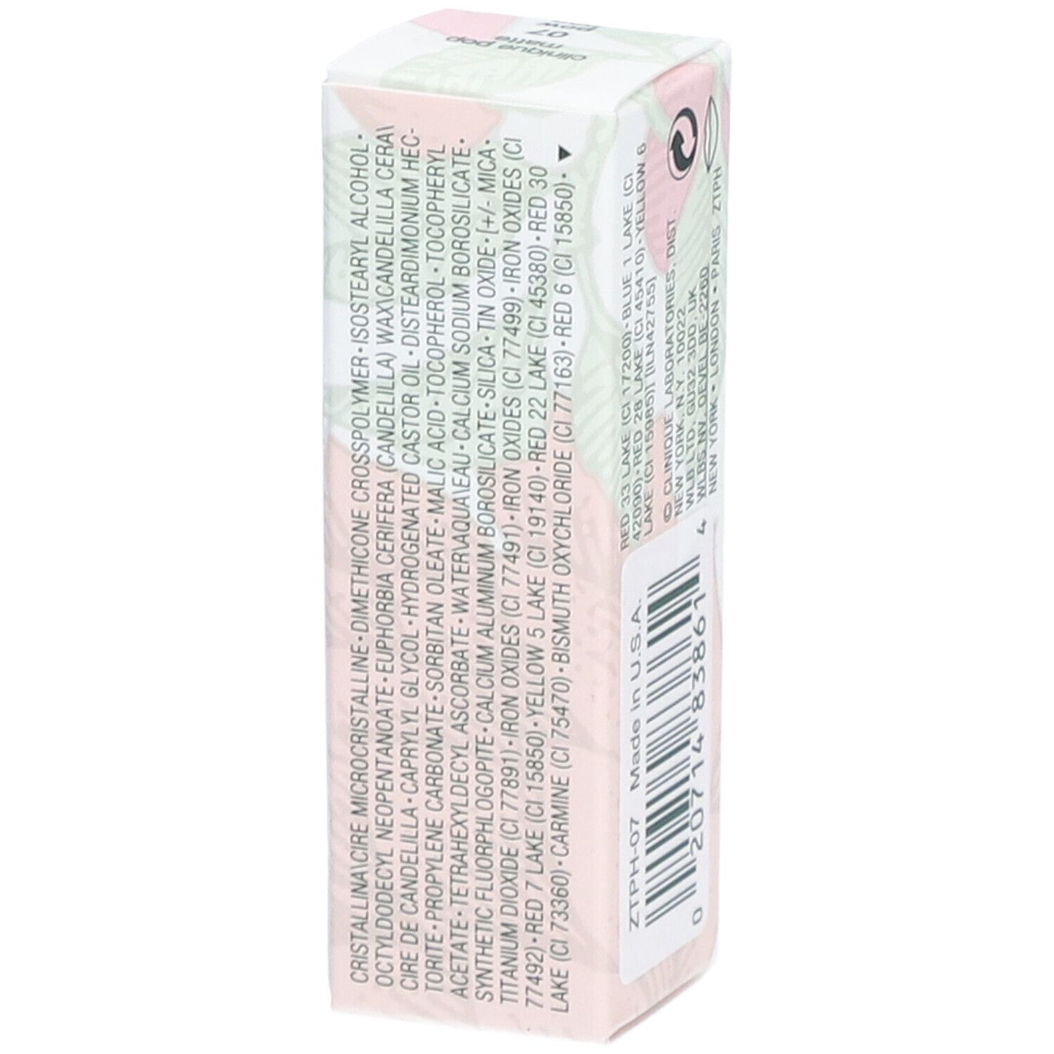Seite der Verpackung von CLINIQUE Pop Matte Lip Colour. Inhaltsstoffe und Produktionsinformationen sind sichtbar.