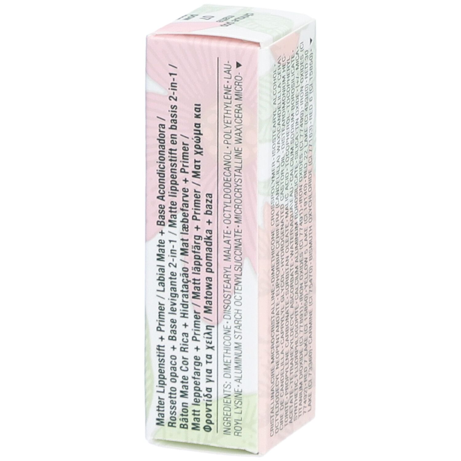 Seite der Verpackung von CLINIQUE Pop Matte Lip Colour. Produktinformationen und Inhaltsstoffe sind sichtbar.