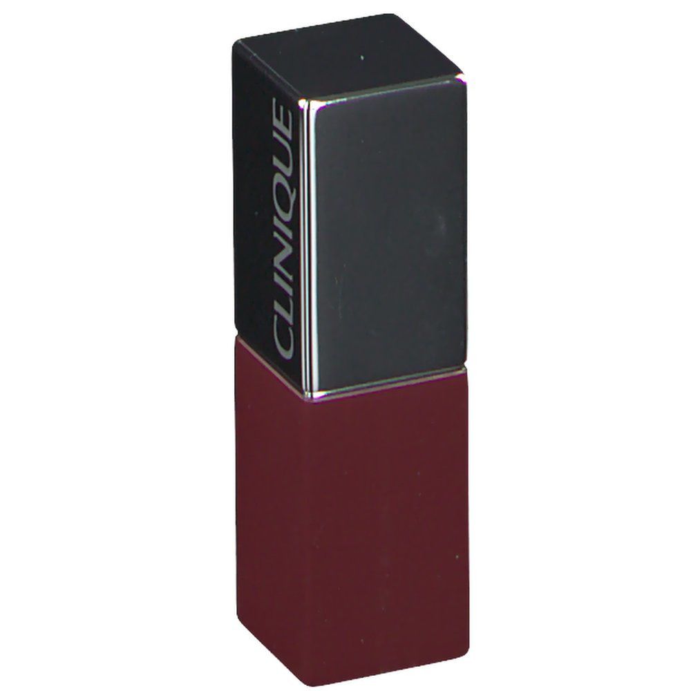 Lippenstift mit quadratischer Form. Der Deckel ist silberfarben mit dem Markennamen CLINIQUE. Der Lippenstiftkörper ist dunkelrot.