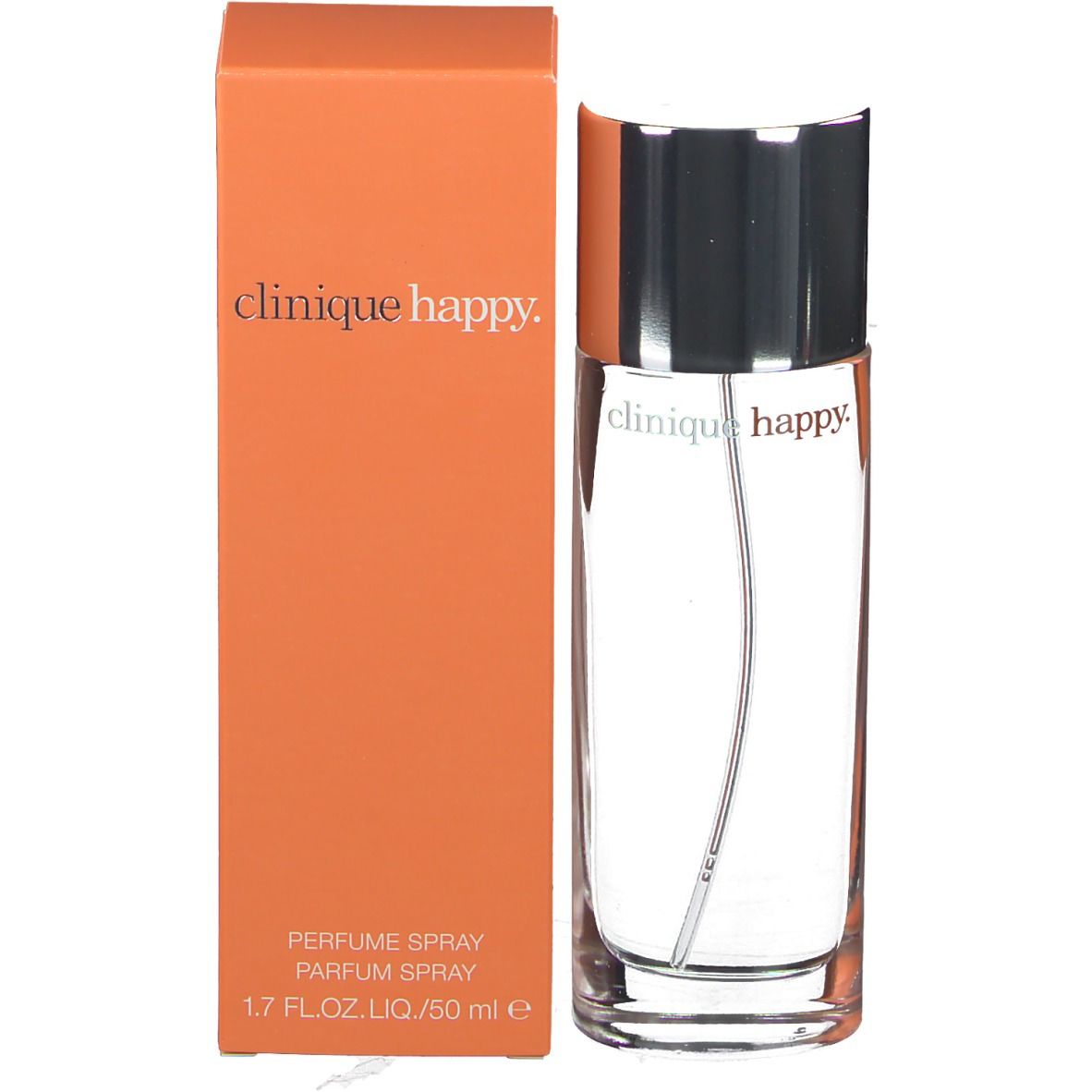 Flakon und orangefarbene Verpackung. Aufschrift "clinique happy". Text: Parfum Spray, 1.7 fl.oz./50 ml e.