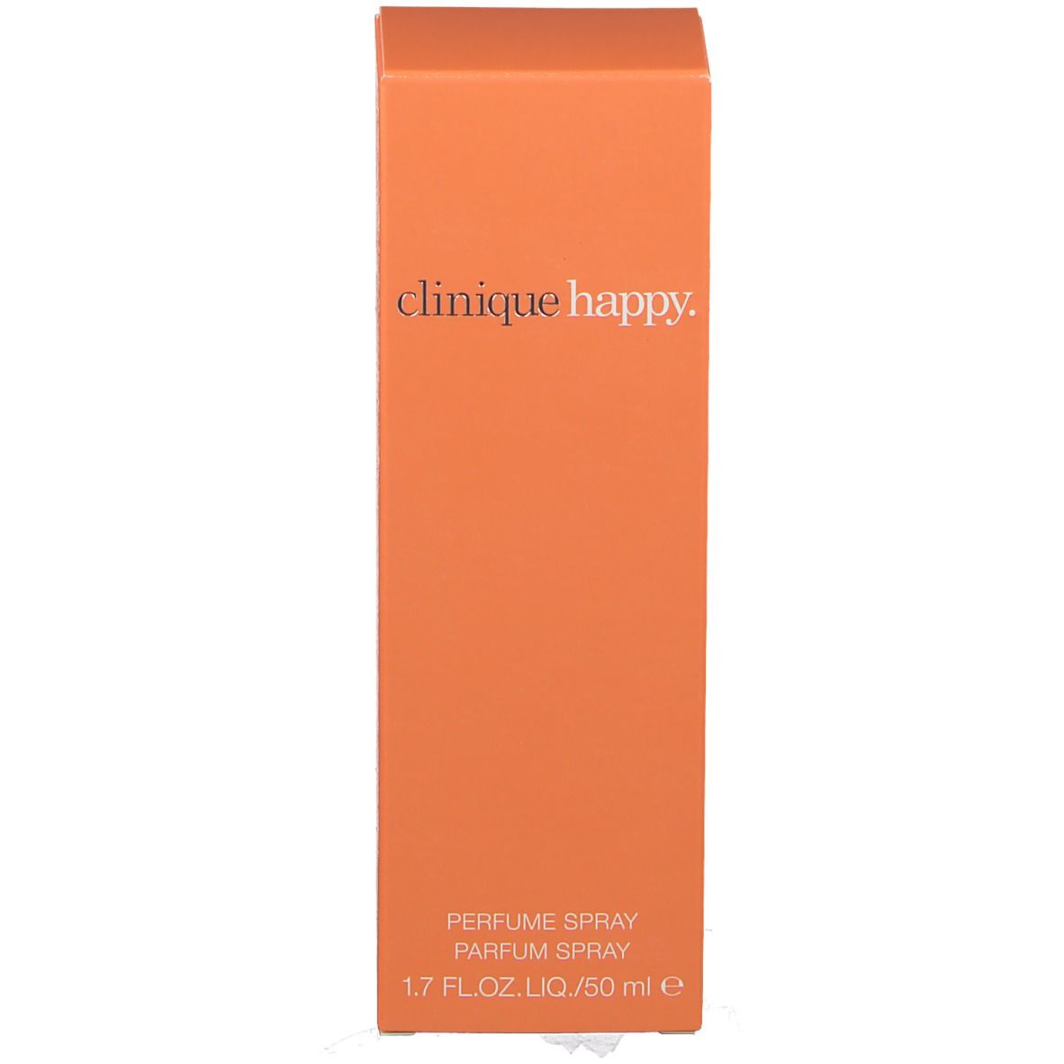 Orangefarbene Verpackung. Aufschrift "clinique happy". Text: Parfum Spray, 1.7 fl.oz./50 ml e.