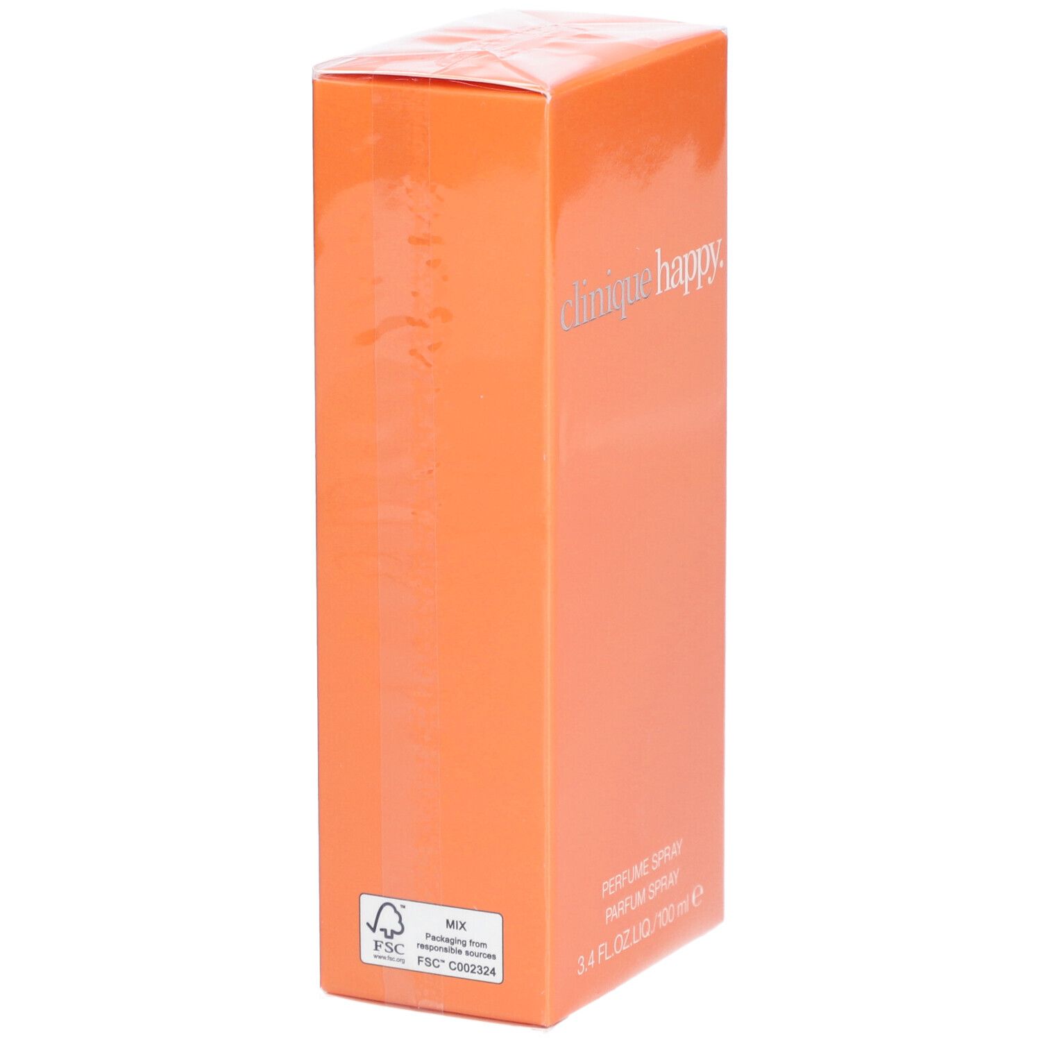 Orangefarbene Verpackung, Seitenansicht. FSC-Logo und Text.