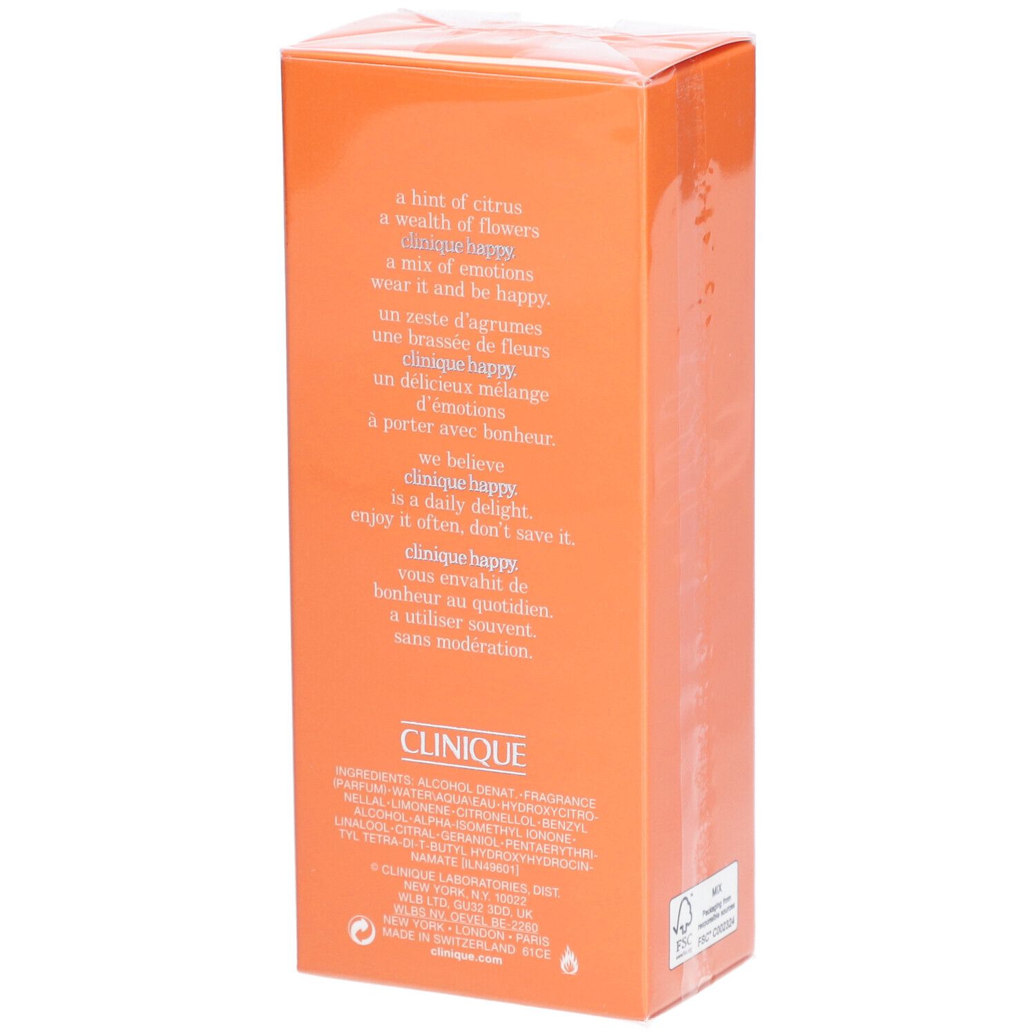 Orangefarbene Verpackung mit Text. Inhaltsstoffe und Produktbeschreibung.
