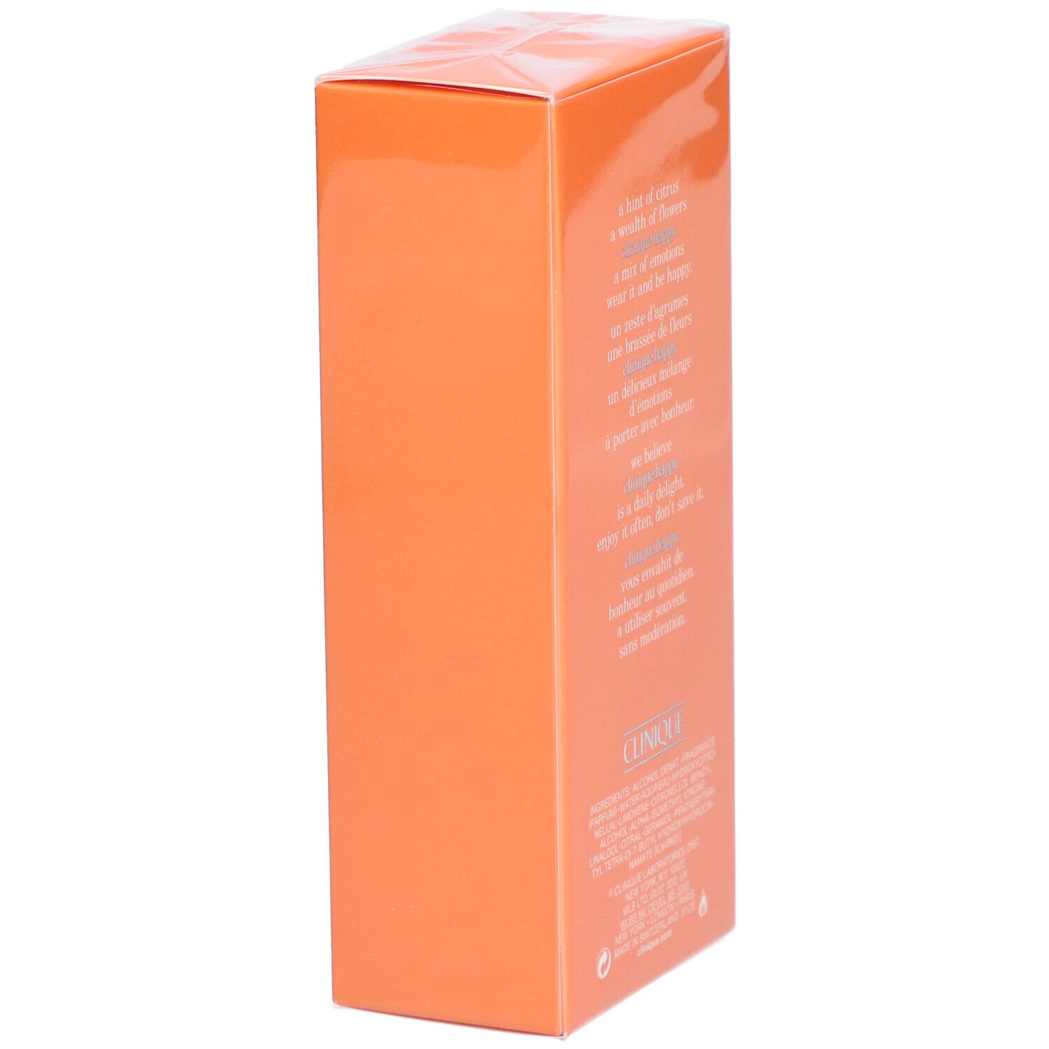 Orangefarbene Verpackung, Seitenansicht mit Text.