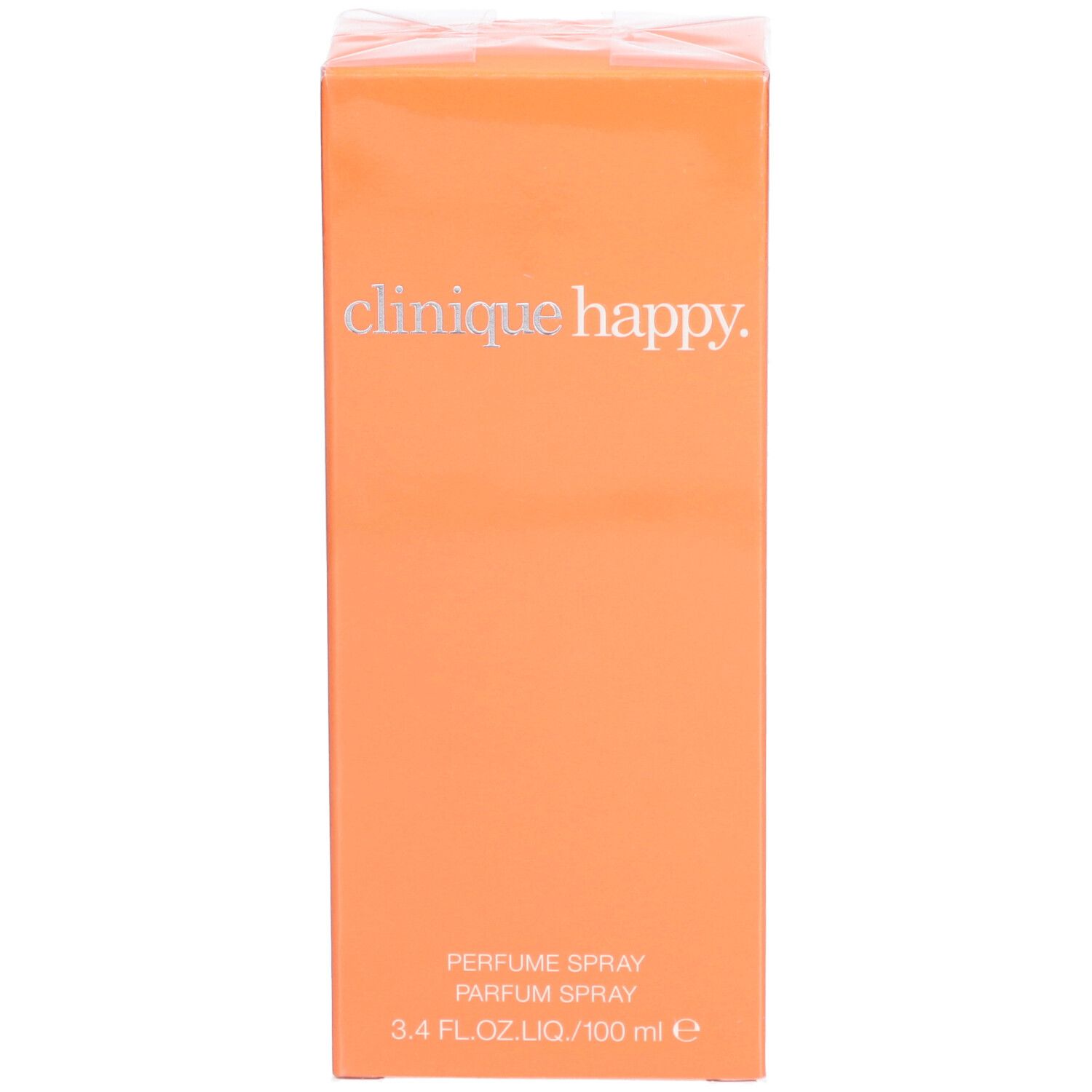 Orangefarbene Verpackung mit Produktnamen und Text. "PERFUME SPRAY".