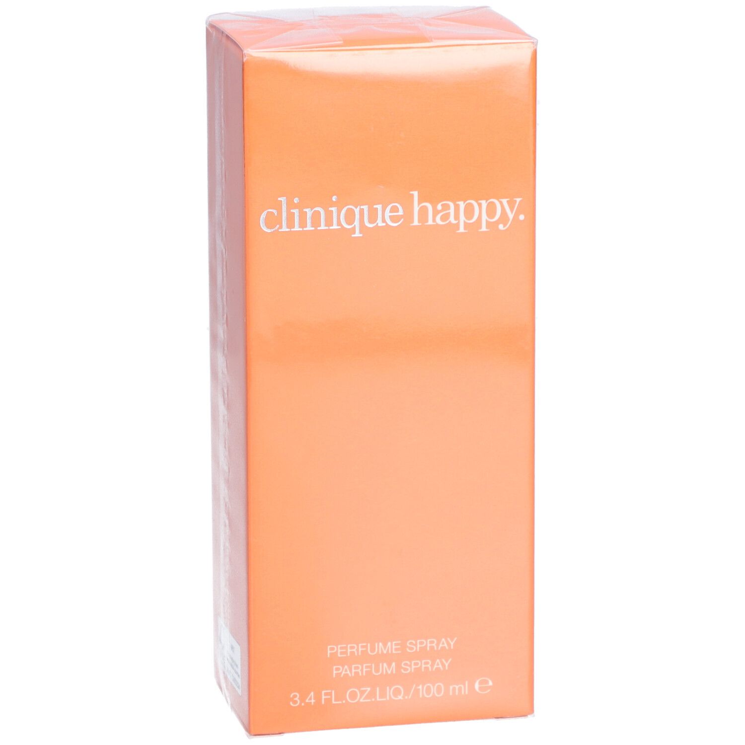 Orangefarbene Verpackung mit Produktnamen und Text. "PERFUME SPRAY".