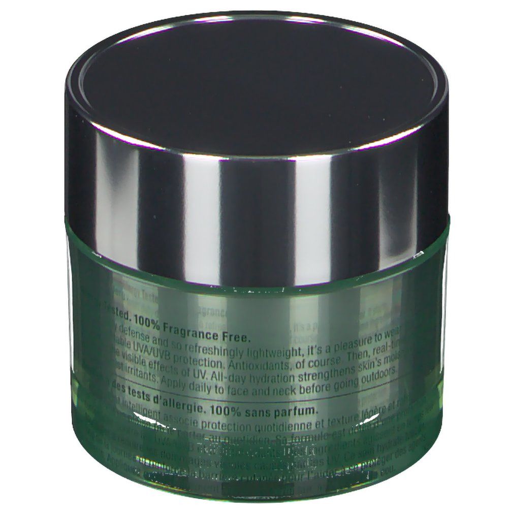Grünes Cremetiegel mit silbernem Deckel. Text auf der Seite: 100% Fragrance Free. 100% sans parfum.