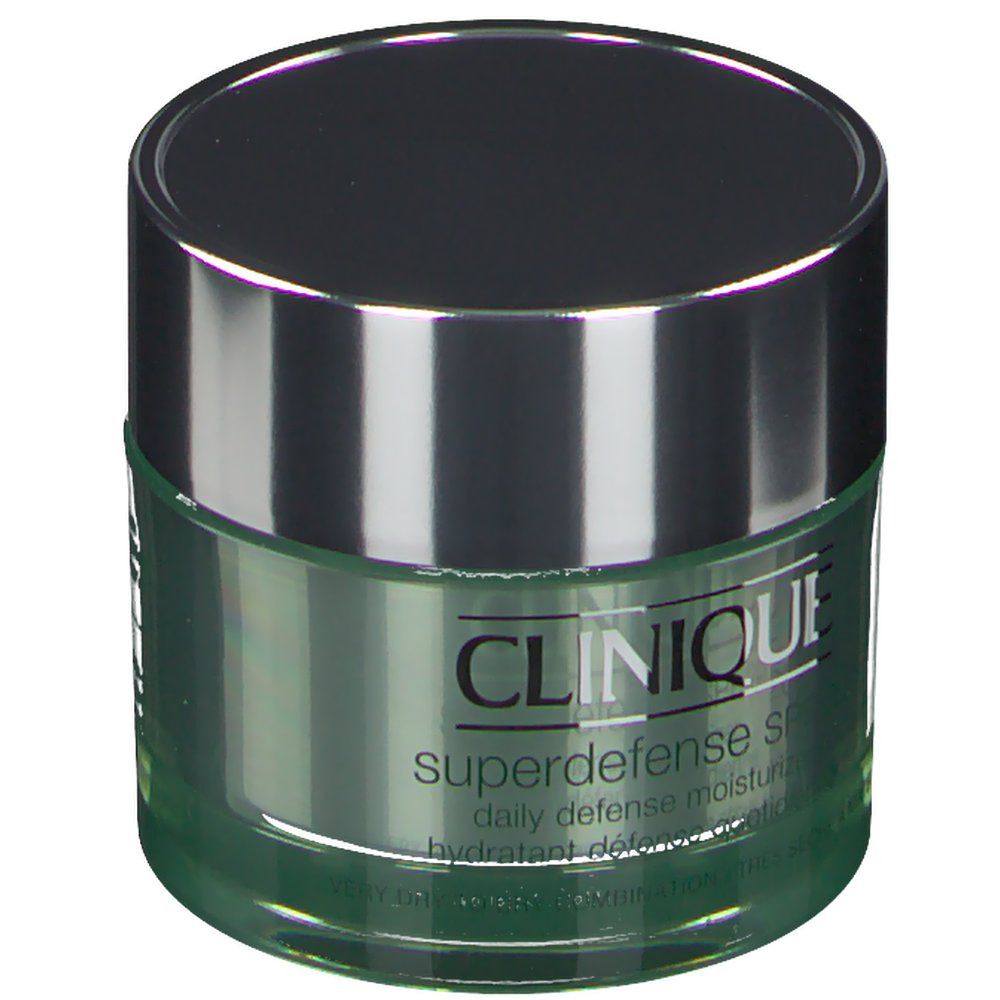 Grünes Cremetiegel mit silbernem Deckel. Aufschrift: CLINIQUE superdefense SPF 20 daily defense moisturizer.