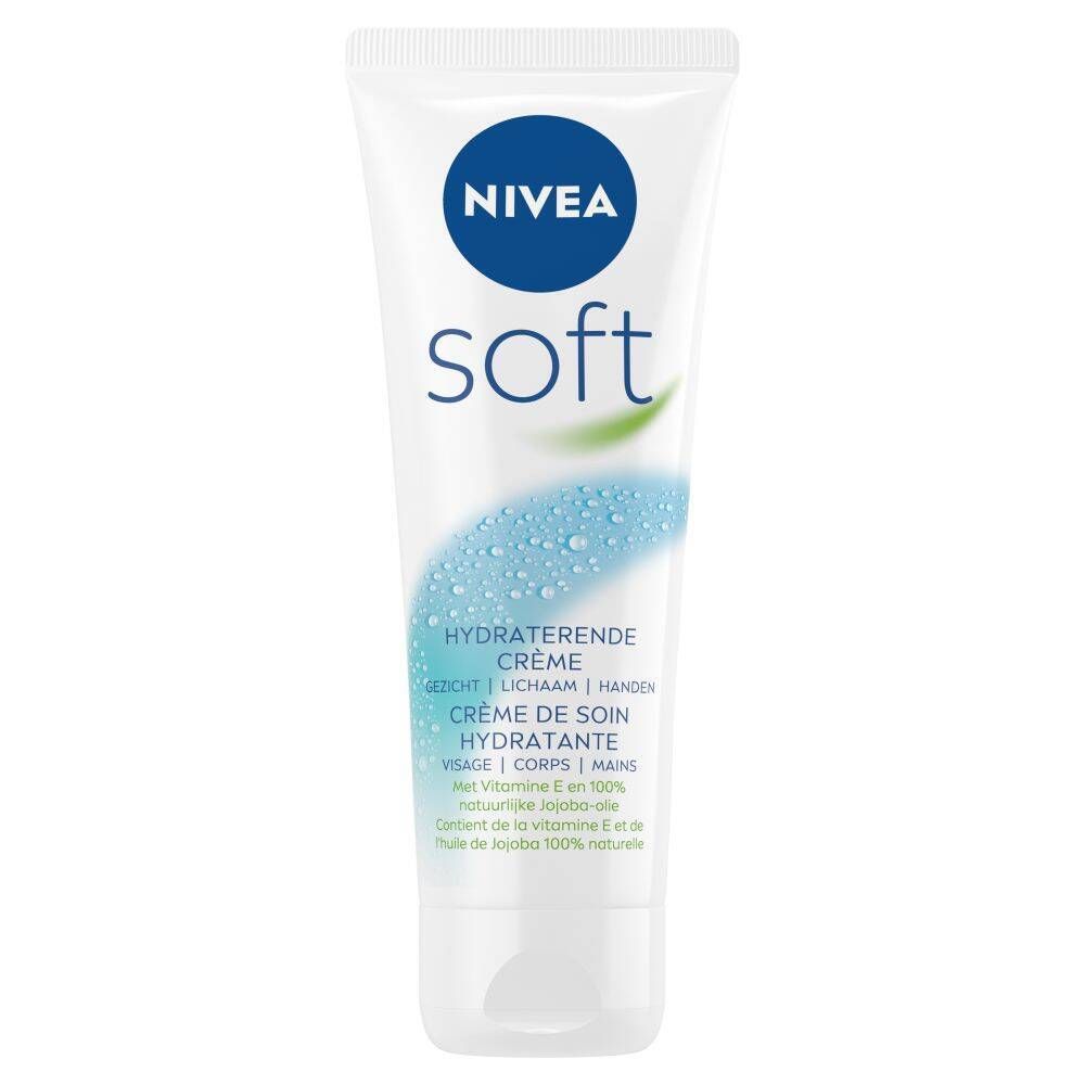 Achterkant van een witte tube. NIVEA Soft, 75ml. Tekst met ingrediënten en CO2-compensatie.