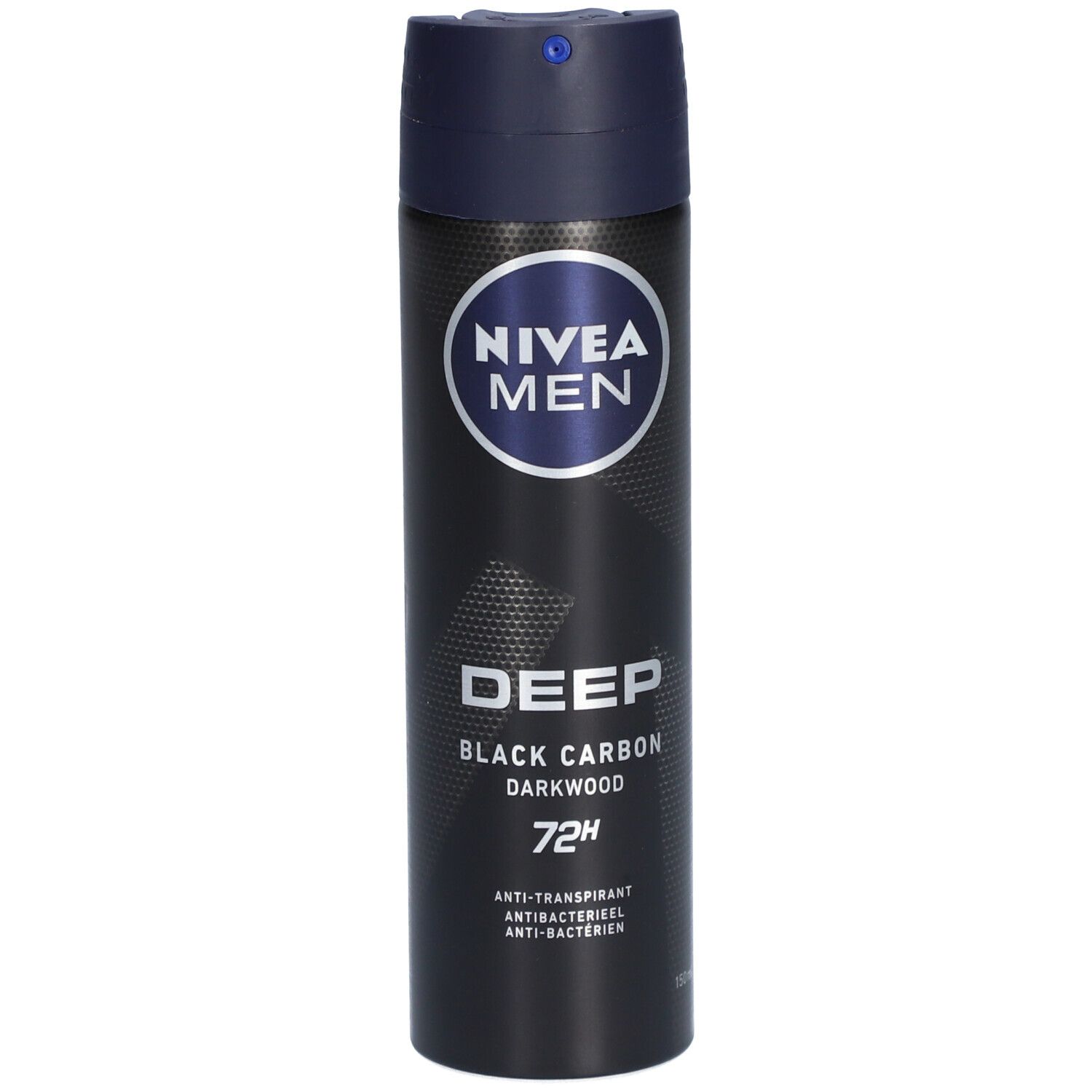 Zwarte NIVEA MEN Deep deodorant spray met blauwe dop. Opschrift: Deep, Black Carbon, 72H.
