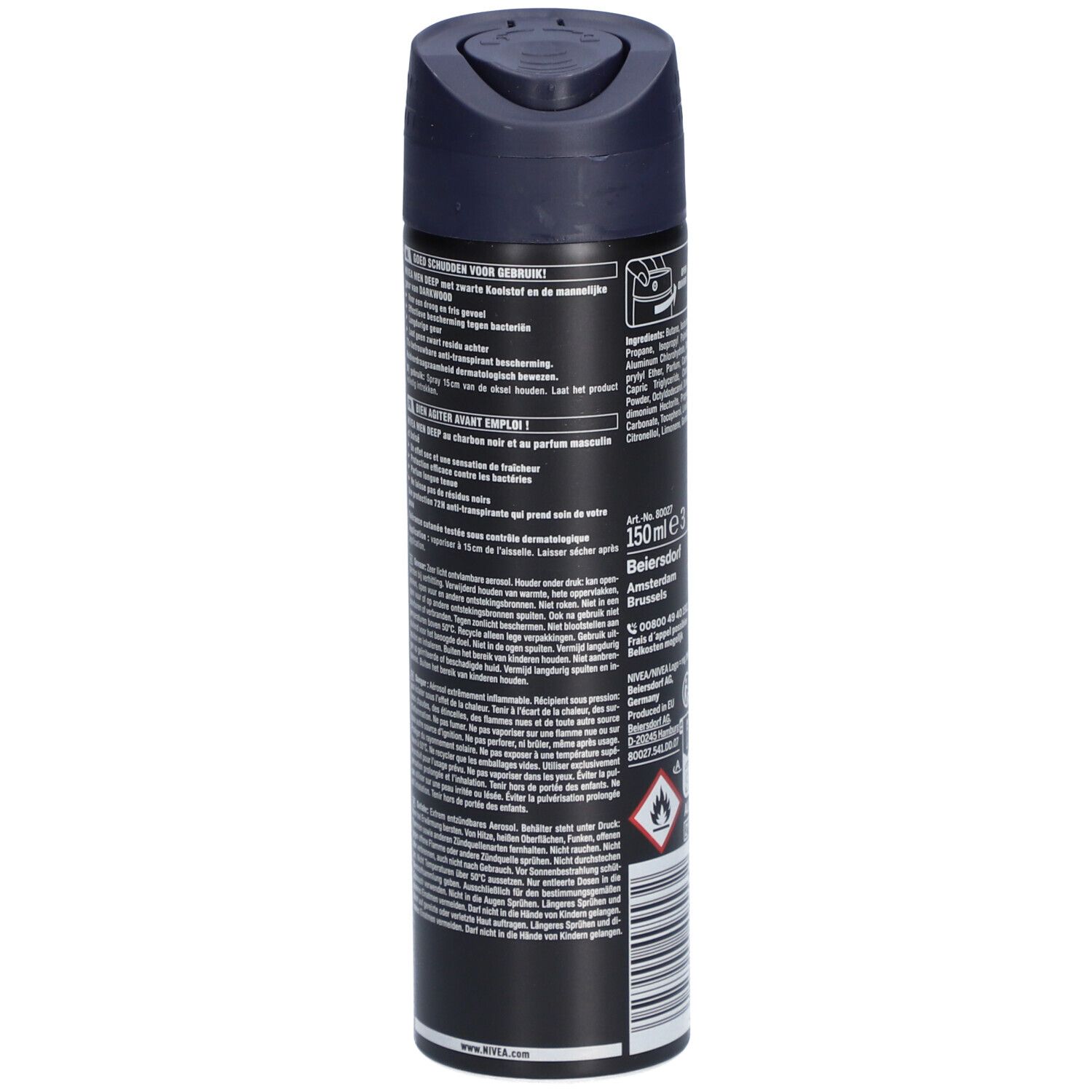 Achterkant van de NIVEA MEN Deep deodorant spray. Tekstinformatie in meerdere talen.