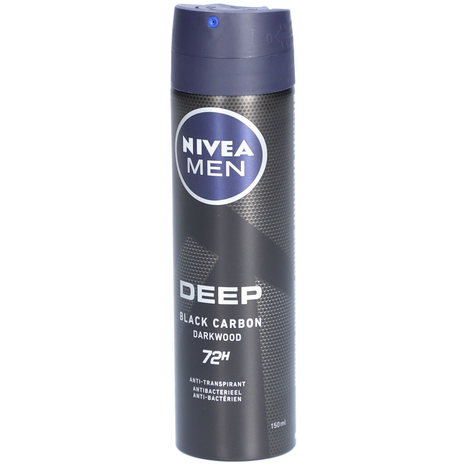Zwarte NIVEA MEN Deep deodorant spray met blauwe dop. Opschrift: Deep, Black Carbon, 72H.