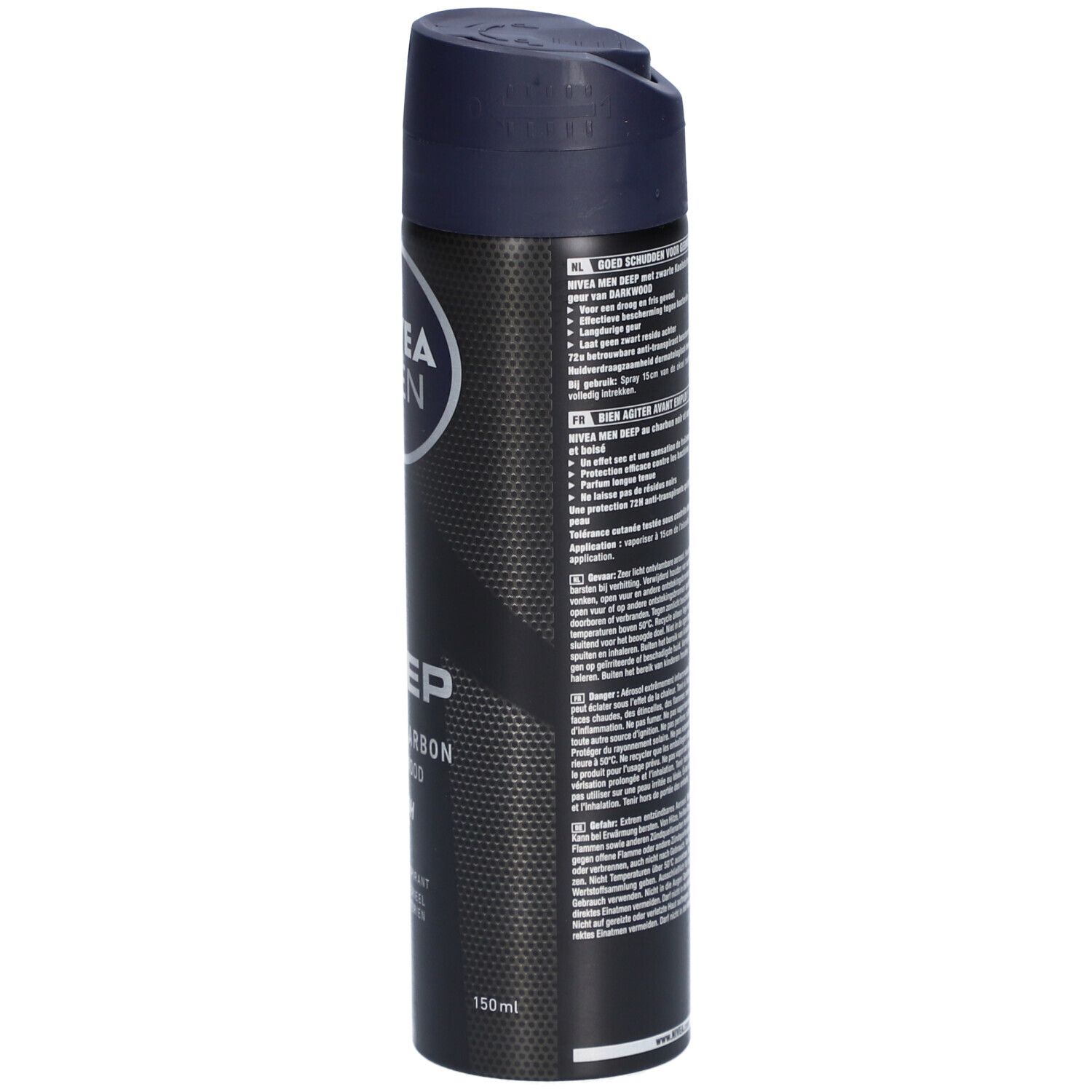 Zijkant van de NIVEA MEN Deep deodorant spray. Tekstinformatie en fabrikantgegevens.