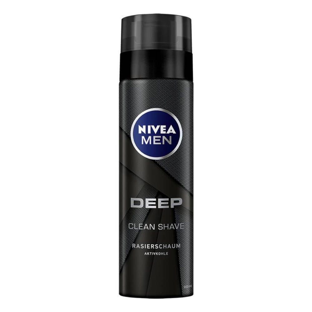 Schwarze Dose mit NIVEA MEN Deep Rasierschaum. Aufschrift: Deep, Clean Shave, Rasierschaum. Blauer Kreis mit Logo.