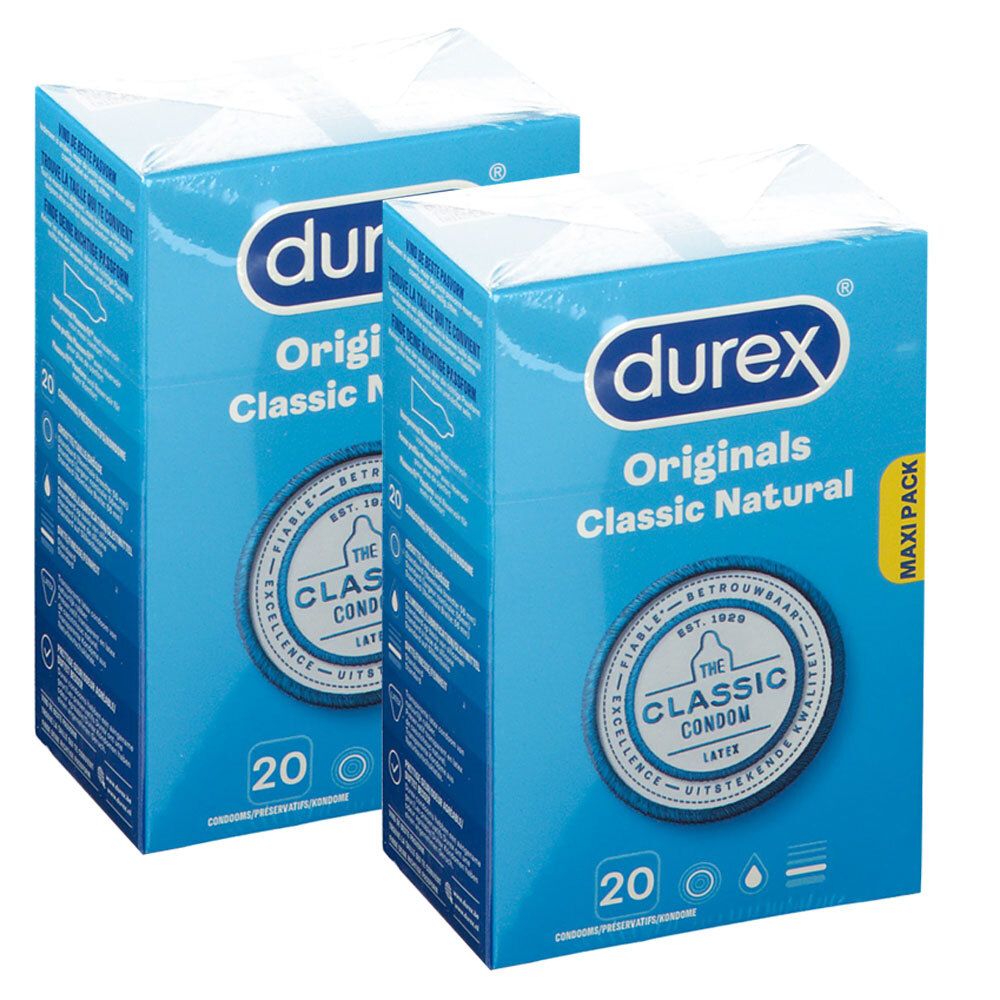 Deux boîtes bleues "durex Originals Classic Natural" avec 20 préservatifs. Inscription "MAXI PACK".