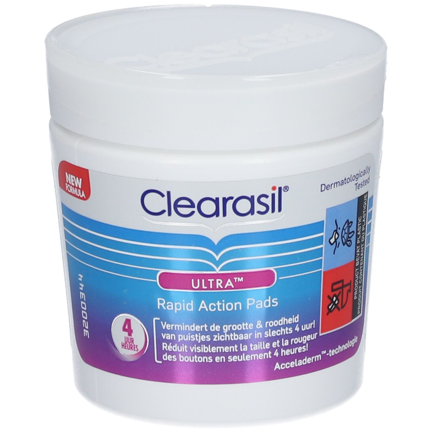 Ronde, witte pot Clearasil Ultra Rapid Action Pads. Blauwe en paarse etiketten met productinformatie. "4 uur"-symbool.