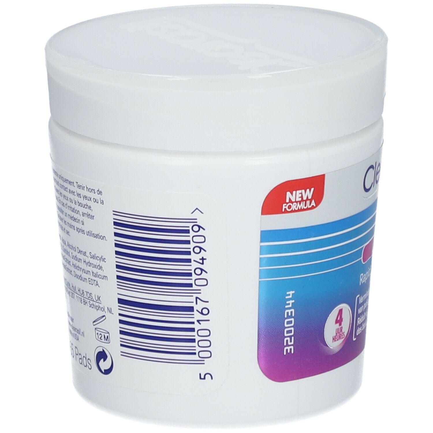 Witte pot Clearasil Ultra Rapid Action Pads. Achterkant met productinformatie en barcode. Rood "NEW FORMULA" label.