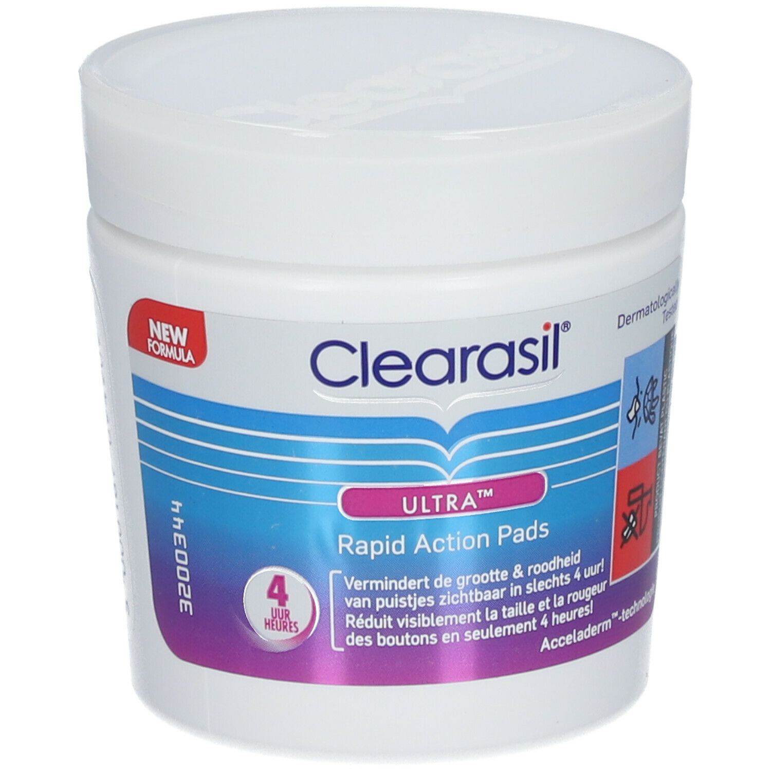 Witte pot Clearasil Ultra Rapid Action Pads. Blauwe en paarse etiketten met productinformatie. "4 uur"-symbool.