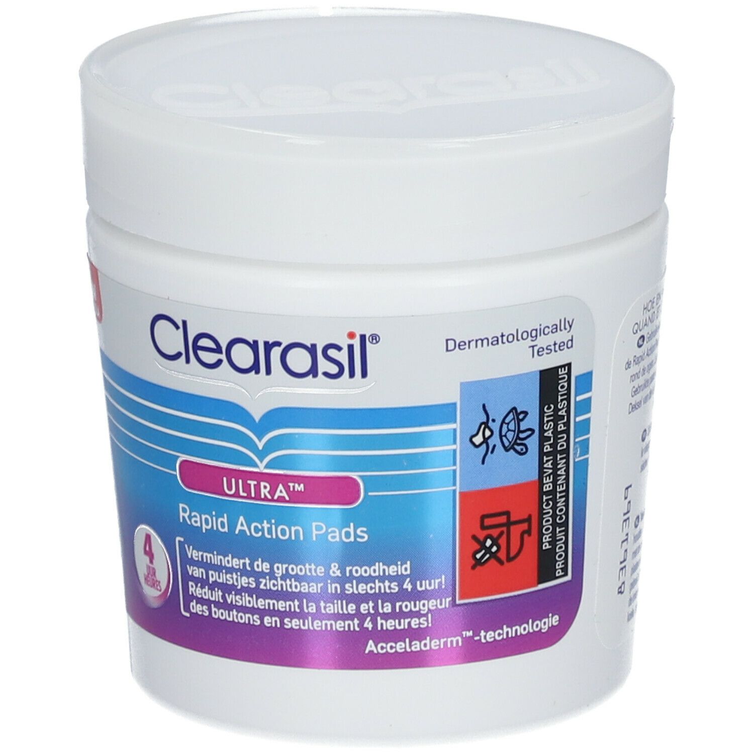 Witte pot Clearasil Ultra Rapid Action Pads. Label met productinformatie en "Dermatologisch getest".