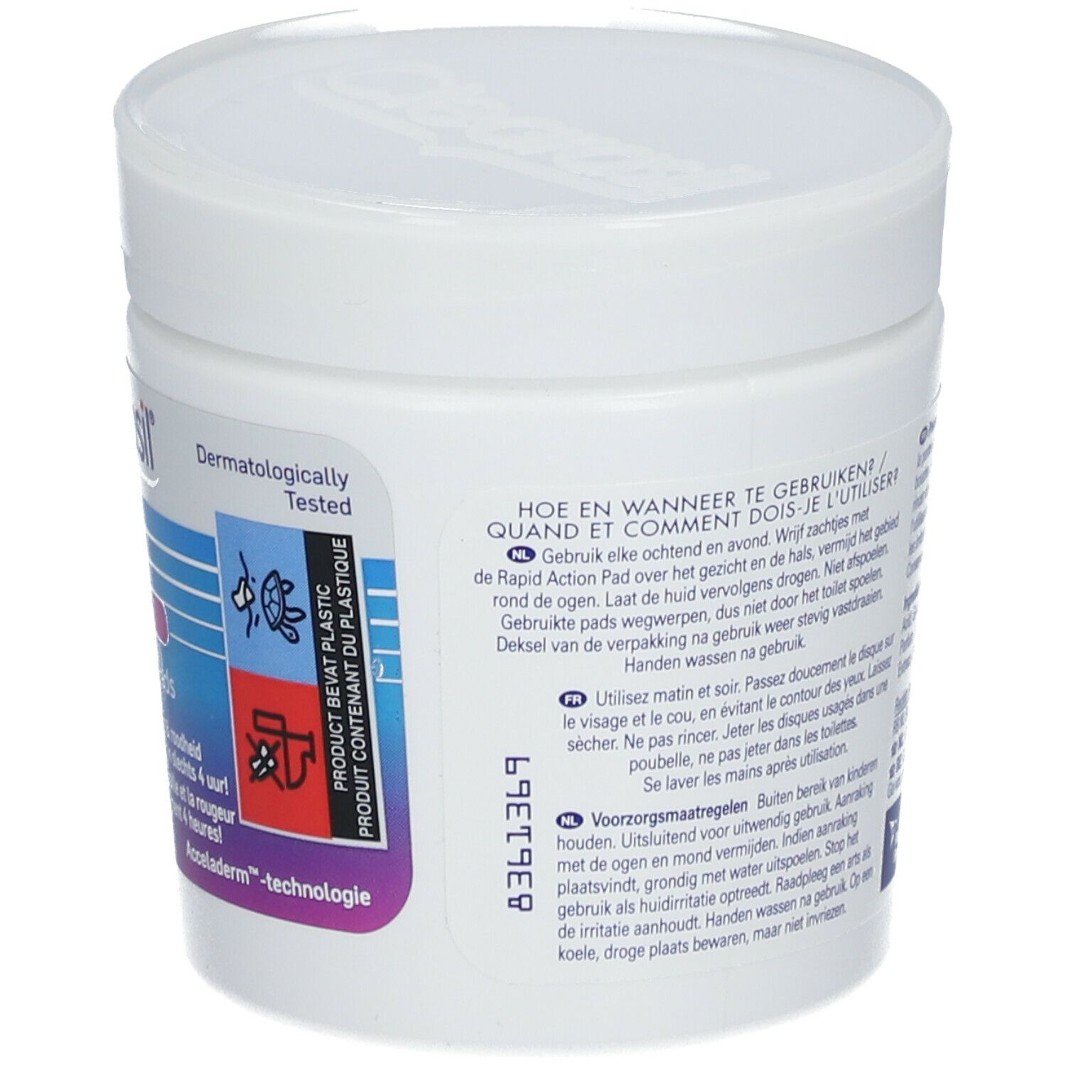 Witte pot Clearasil Ultra Rapid Action Pads. Achterkant met productinformatie en gebruiksaanwijzing. "Dermatologisch getest".