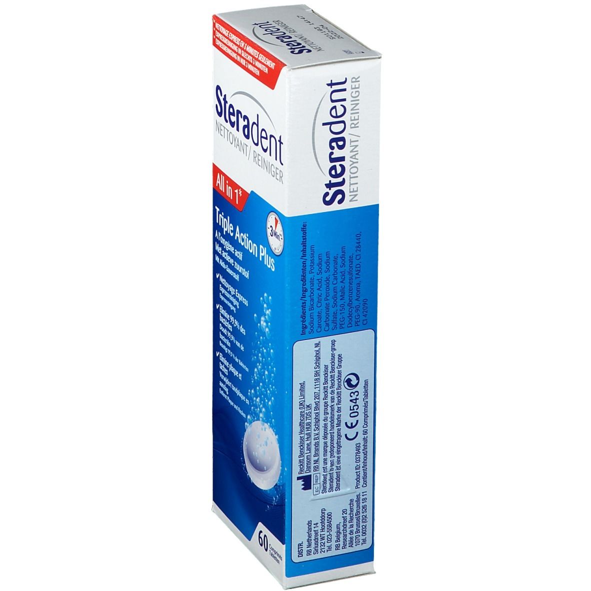 Steradent All in 1 doos, zijaanzicht. Opschrift: Steradent, Triple Action Plus. 60 tabletten. CE-markering.
