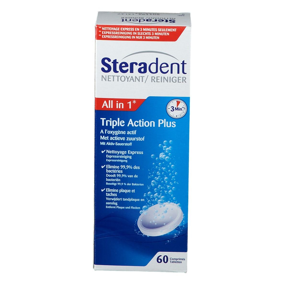 Doos Steradent All in 1. Opschrift: Triple Action Plus, 60 tabletten. Blister met tabletten, blauwe bellen.