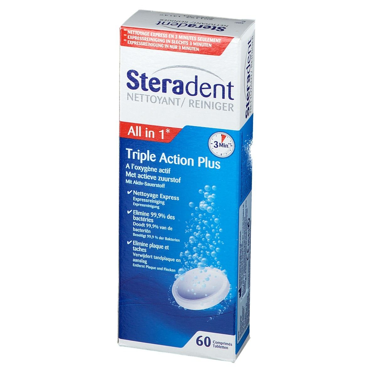 Doos Steradent All in 1. Opschrift: Triple Action Plus, 60 tabletten. Blister met tabletten, blauwe bellen.
