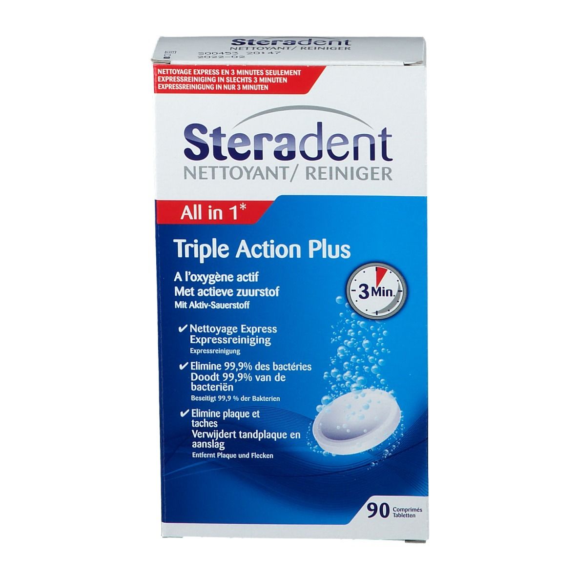 Boîte Steradent All in 1. Inscription: Triple Action Plus, 90 comprimés. Comprimé dans l'eau. Bulles.