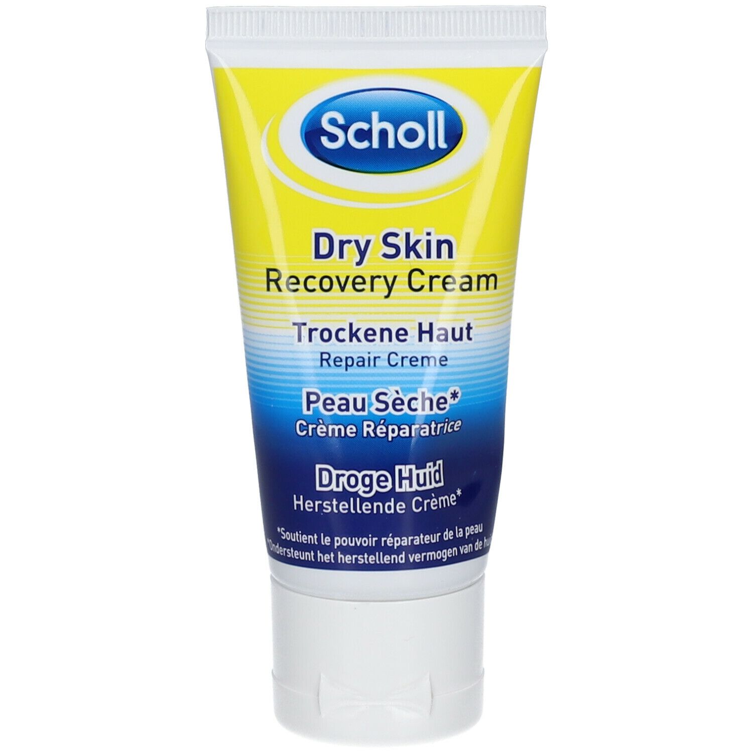 Tube jaune avec étiquette bleu et blanc. Inscription : Scholl Dry Skin Recovery Cream. Texte en allemand, français et néerlandais.