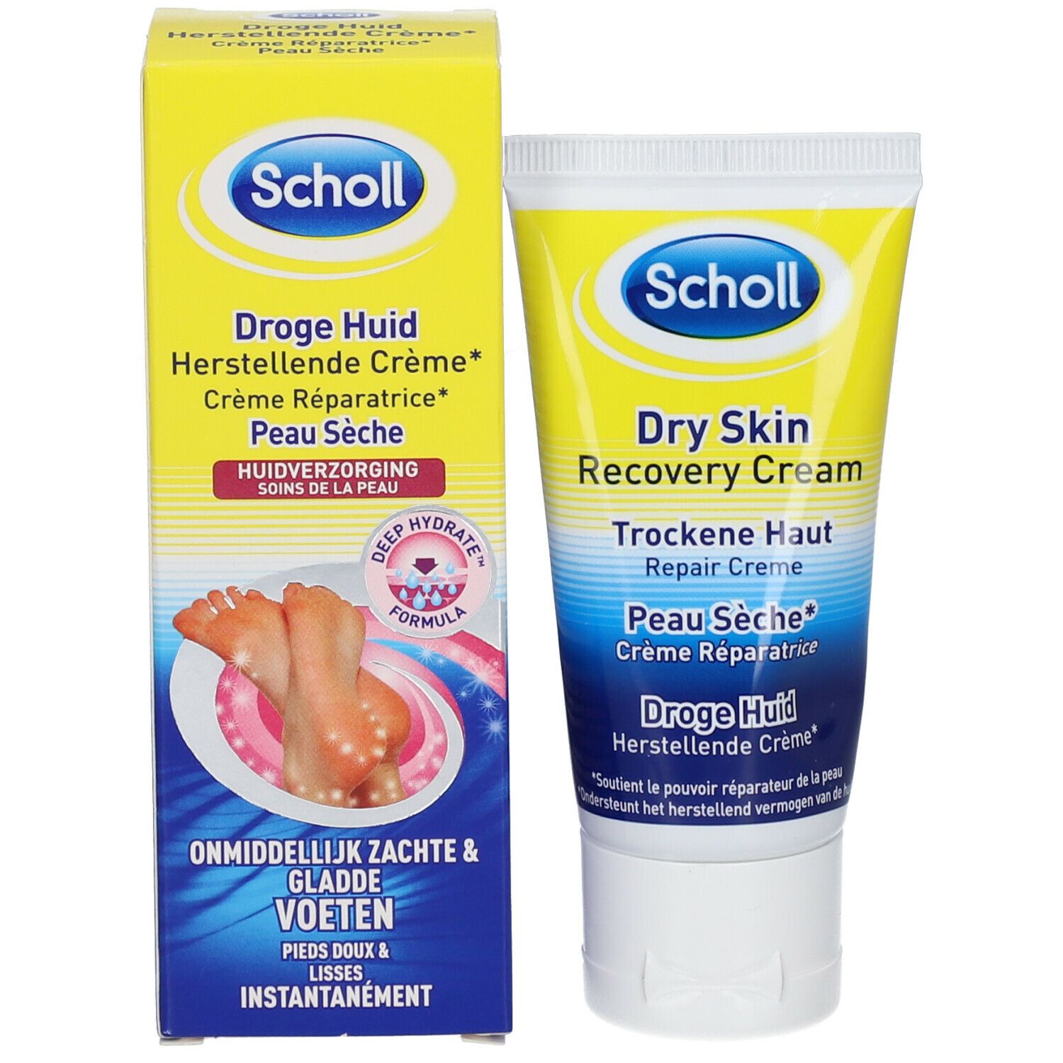 Emballage du produit avec tube et boîte. Boîte avec texte : Scholl, Crème Réparatrice Peau Sèche. Tube avec le même design.