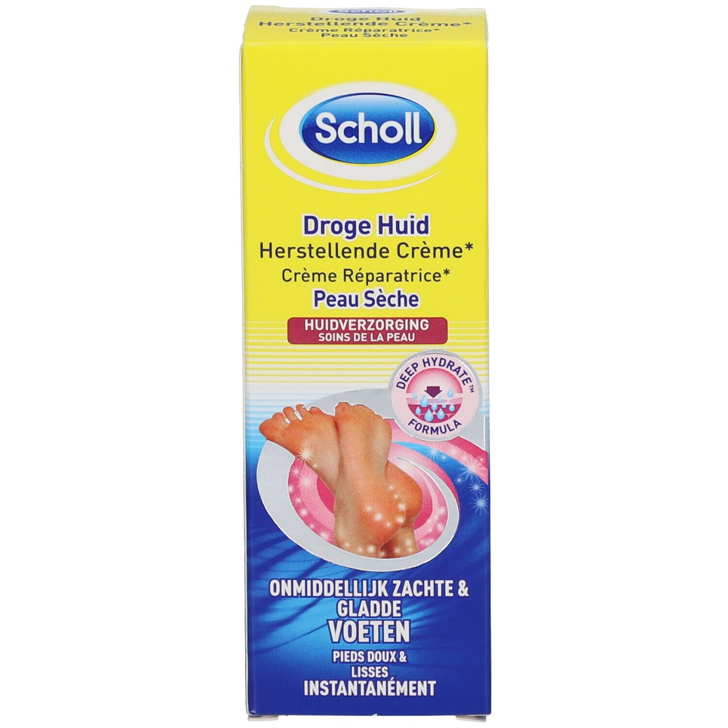 Boîte jaune avec texte : Scholl, Crème Réparatrice Peau Sèche. Illustration de pieds. Texte en allemand, français et néerlandais.