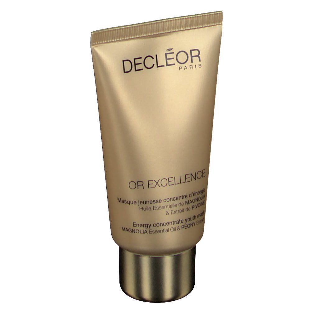 Tube doré avec nom du produit et texte. OREXCELLENCE, DECLÉOR PARIS. Désignations de produits en anglais et en français.