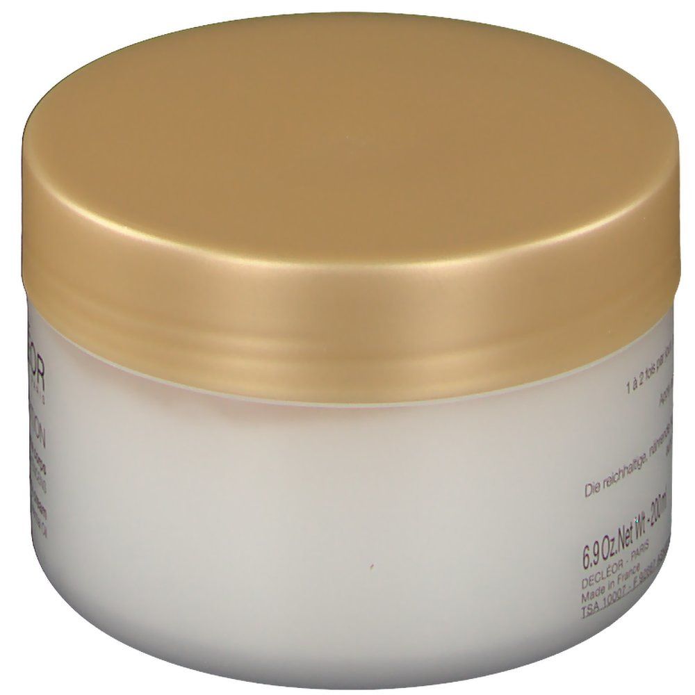 Pot blanc avec couvercle doré. Inscription: 6.9 Oz Net Wt - 200ml. DECLÉOR PARIS. Fabriqué en France. Vue latérale.