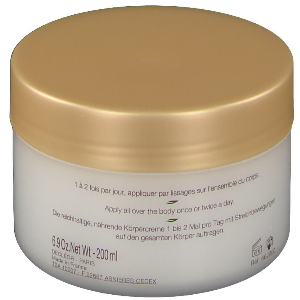 Pot blanc avec couvercle doré. Inscription: 6.9 Oz Net Wt - 200ml. DECLÉOR PARIS. Fabriqué en France. Texte d'utilisation. Vue latérale.