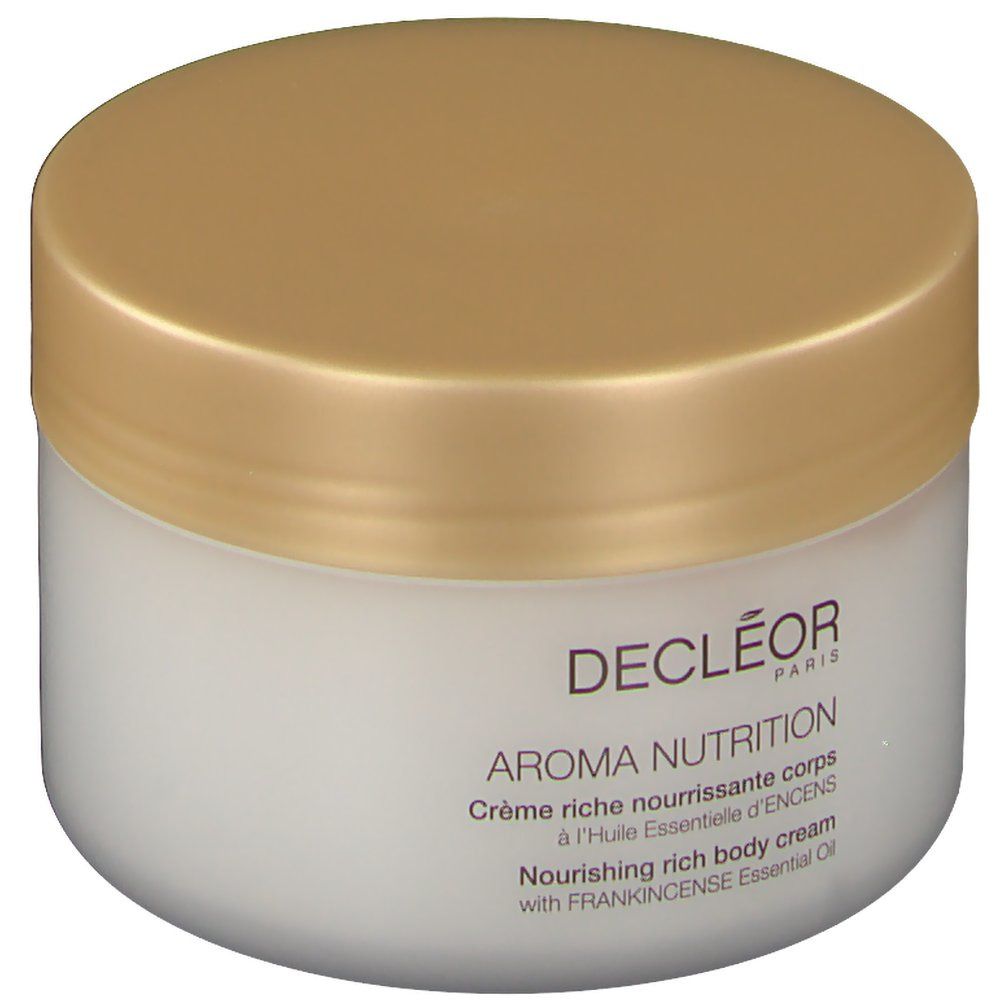 Pot blanc avec couvercle doré. Inscription: DECLÉOR PARIS, AROMA NUTRITION, Crème riche nourrissante corps. Traduction anglaise en dessous.