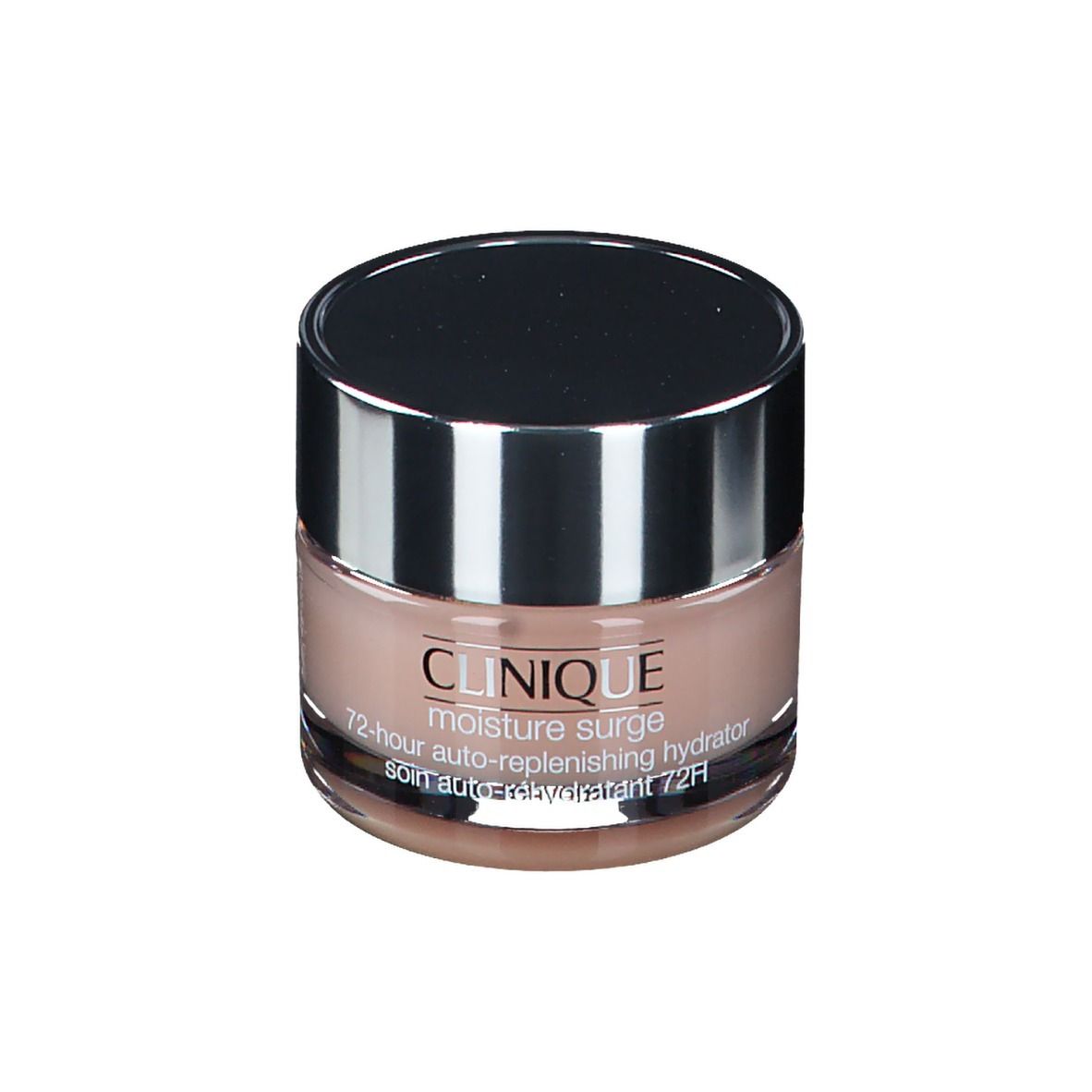 Pot rond avec couvercle argenté. Inscription: CLINIQUE moisture surge 72-hour auto-replenishing hydrator.