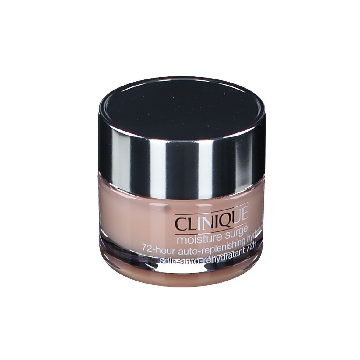 Pot rond avec couvercle argenté. Inscription: CLINIQUE moisture surge 72-hour auto-replenishing hydrator.