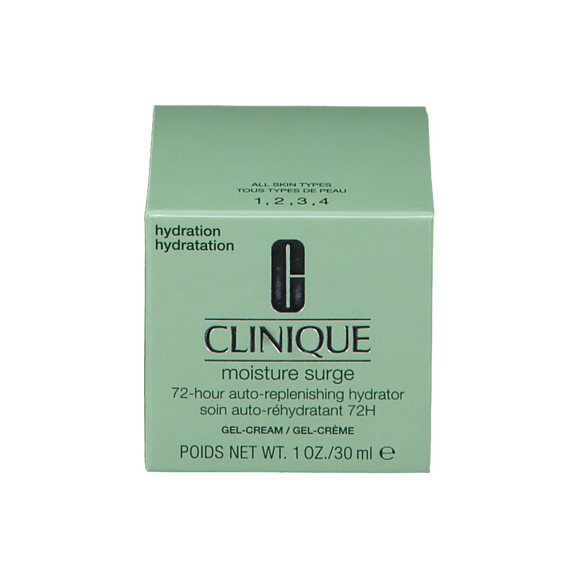 Boîte verte avec inscription: CLINIQUE moisture surge 72-hour auto-replenishing hydrator. 1 OZ./30 ml.