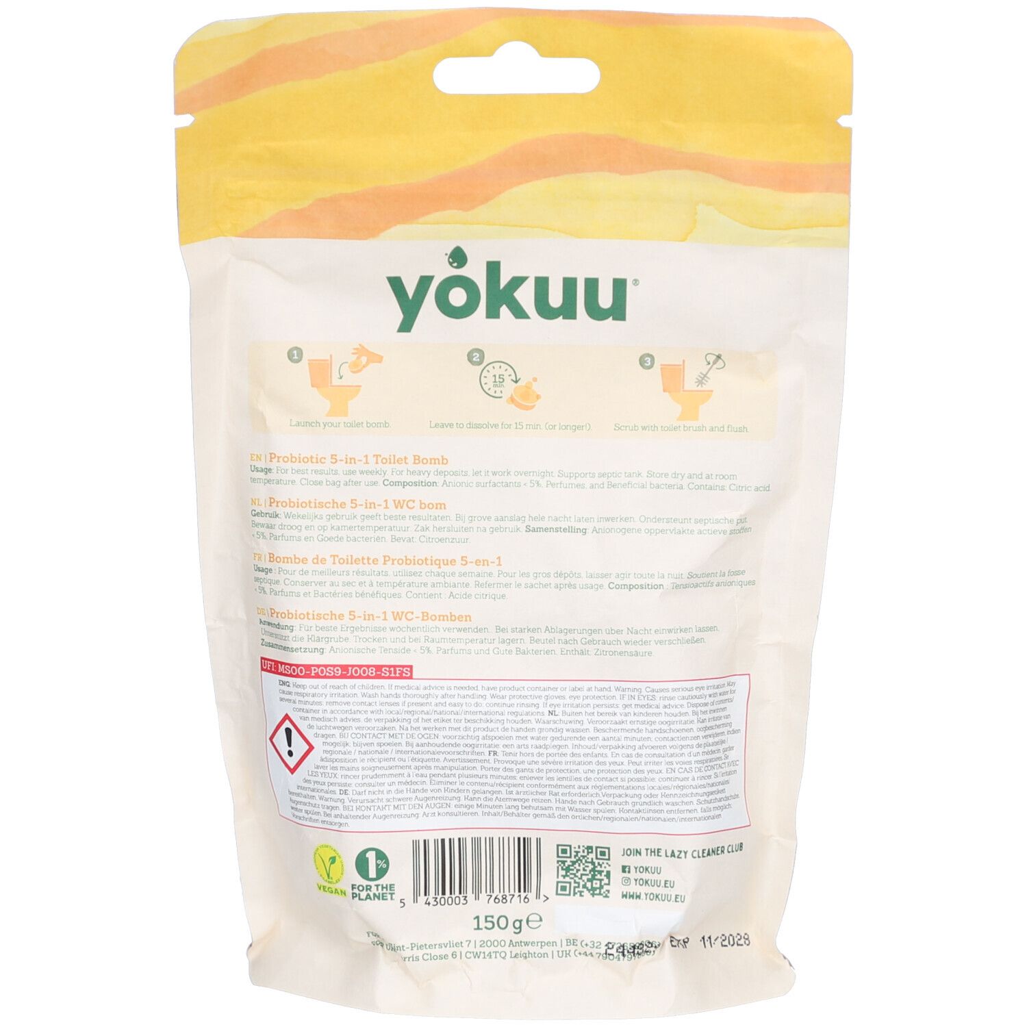 Rückseite der YOKUU Toilet Bombs Verpackung. Enthält Informationen und Anweisungen. Gelb-weiße Verpackung.