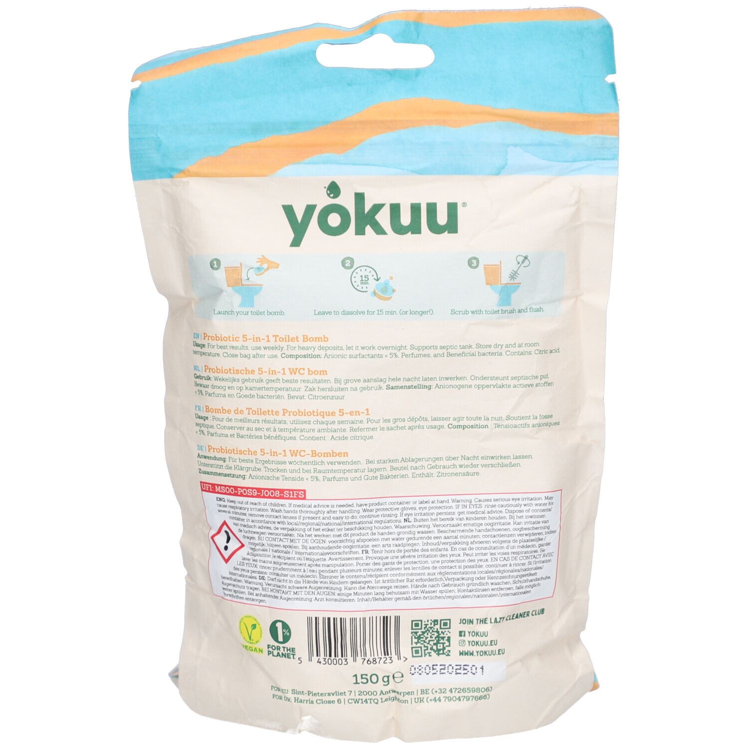 Rückseite der Yokuu Probiotische Toilettenbomben-Verpackung. Enthält Informationen zu 3-in-1-Funktionen und Gebrauchsanweisungen.