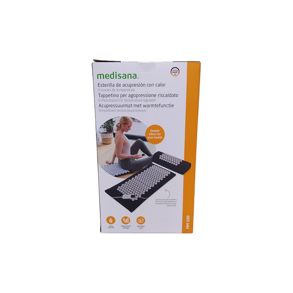 Medisana MM 100 Massagemat 1st. Verpackung mit Produktabbildung. Akupressurmatte mit Heizfunktion. Logo und Produktbezeichnung.