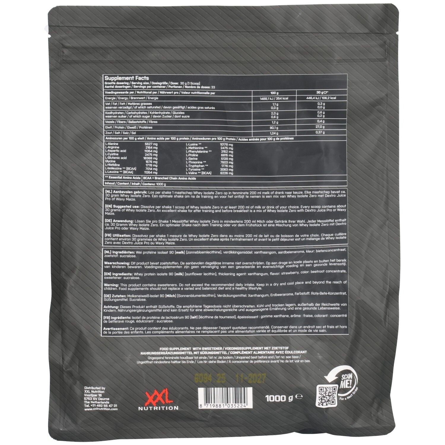 Rückseite der Whey Isolate Zero Verpackung. Enthält Nährwertangaben, Zutatenliste und QR-Code. 1000g. XXL Nutrition Logo.