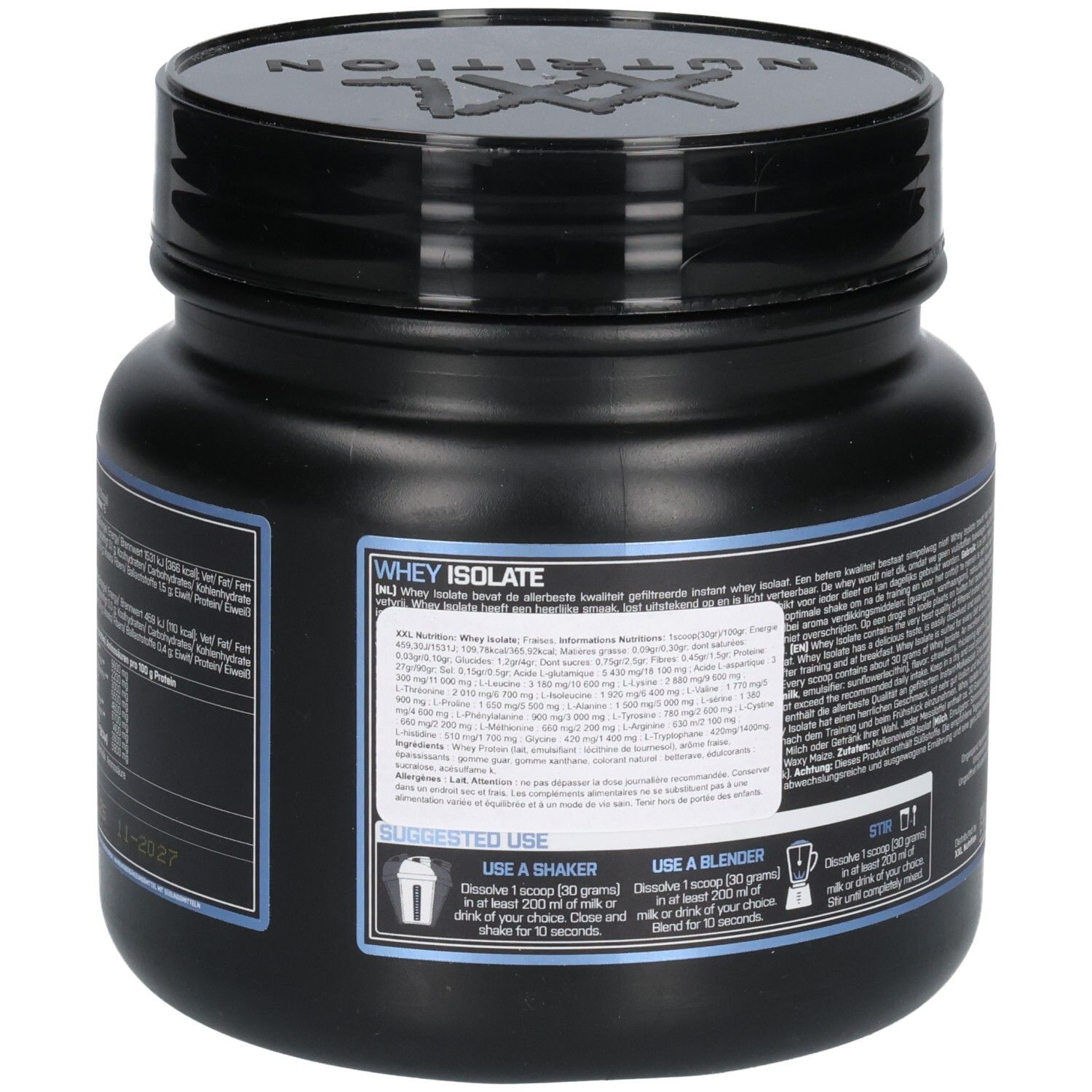 Rückseite der schwarzen Dose. Text in mehreren Sprachen. Gebrauchsanweisung mit Shaker und Mixer.