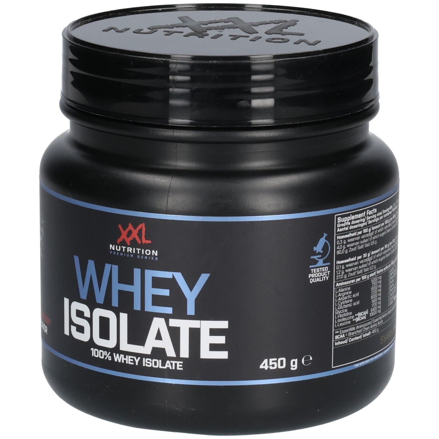 Schwarze Dose mit Deckel. Aufschrift: XXL Nutrition Whey Isolate, 450g. Blaue und weiße Details. Qualitätszeichen.