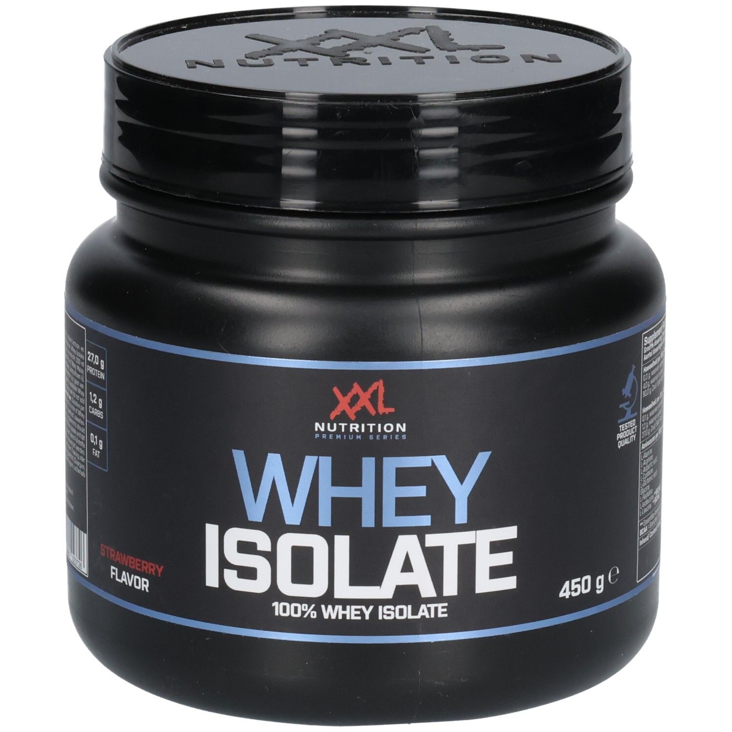 Schwarze Dose mit Deckel. Aufschrift: XXL Nutrition Whey Isolate, Erdbeer-Geschmack, 450g. Blaue und weiße Details.